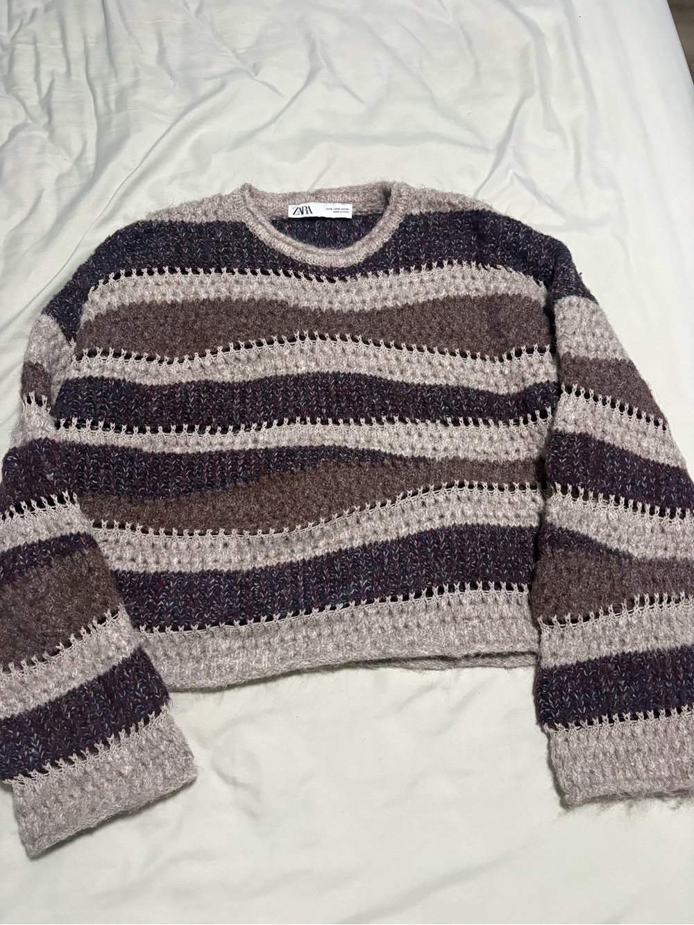 Zara Striped Open-Knit Crew Sweater in Taupe and Brown